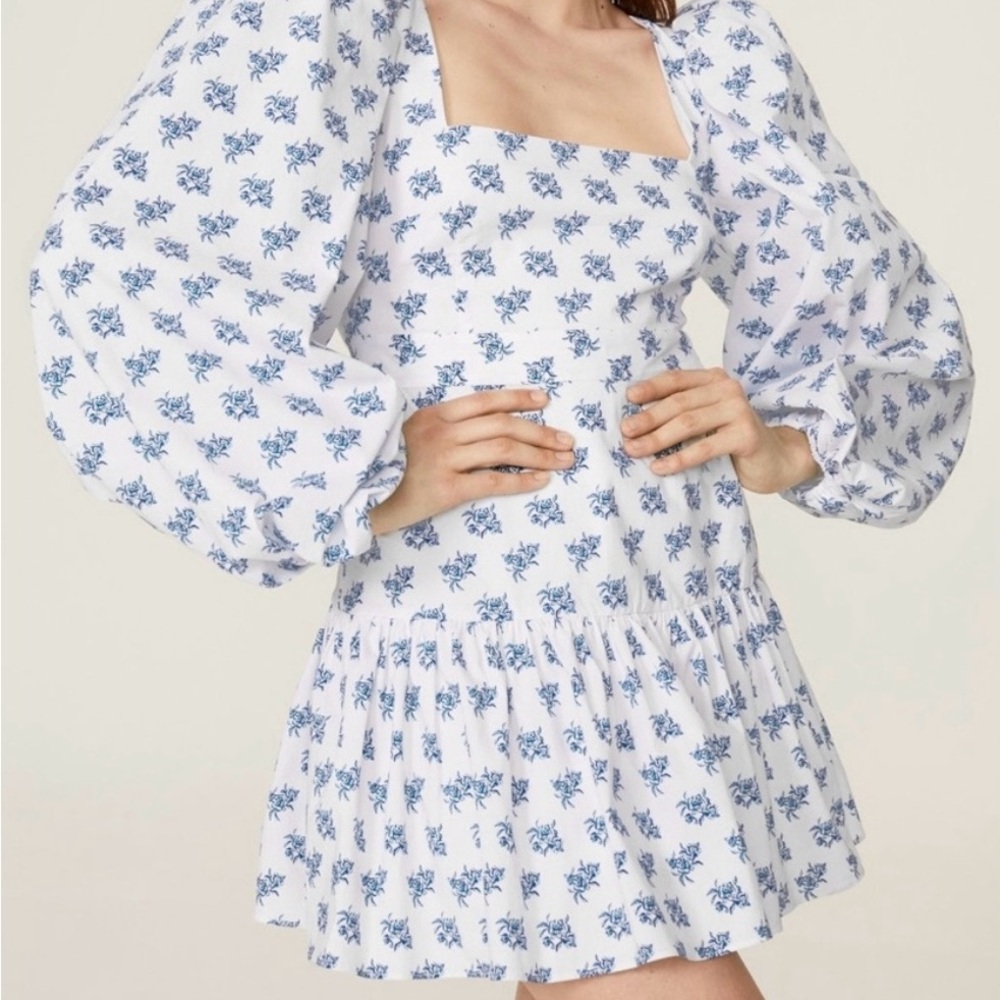 Caroline Constas White and Blue Floral Dress with Puffy Sleeves